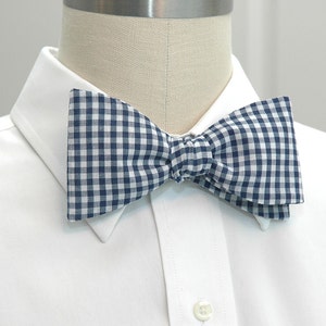 Navy Gingham Bow Tie: Self-Tie Cotton Blend, Adjustable Fit