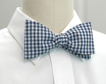 Navy Gingham Bow Tie: Cotton Blend, traditional bowtie