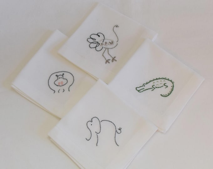 Hand Embroidered Safari Animal Cocktail Napkins, Set of 4