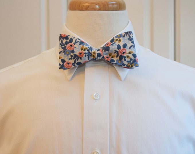 Bow Tie, Rifle Paper Co. Primavera Rosa cream/pink/blue roses, floral bow tie, roses, leaves, wedding/groom/groomsmen bow tie