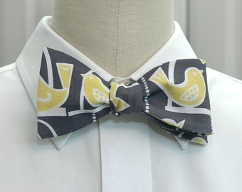 Bow Tie, gray with yellow birds, wedding party bow tie, groom bow tie, groomsmen gift, bird lover bow tie, cute yellow bird bow tie,