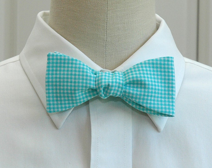 Bow Tie, bright aqua gingham, wedding party bow tie, groom's bow tie, groomsmen gift, mini check bow tie, turquoise bow tie, prom tie