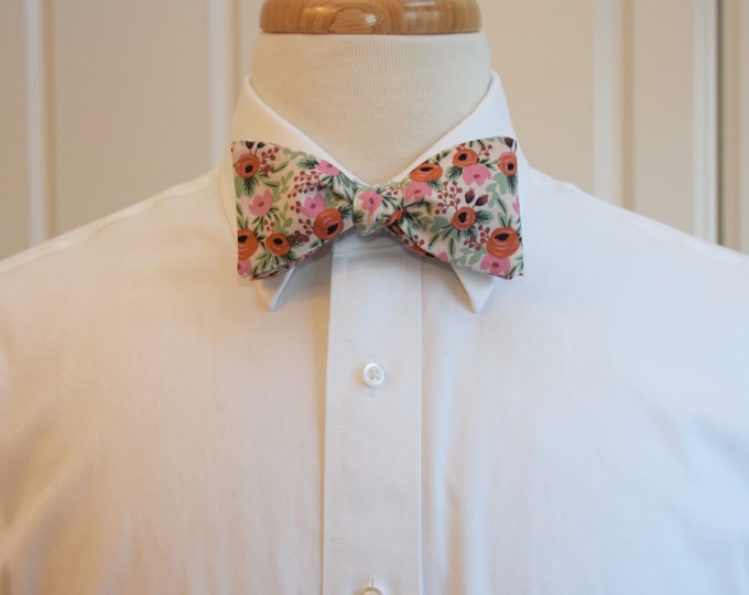 Bow Tie, Rifle Paper Co. Primavera Rosa blush/pink/green floral bow tie, roses, leaves, wedding/groom/groomsmen bow tie, tux accessory