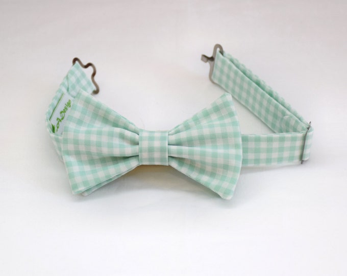 Boy's pre-tied Bow Tie, mint & white gingham, father/son matching ties, wedding accessory, toddler bow tie, ring bearer bow tie, Easter tie