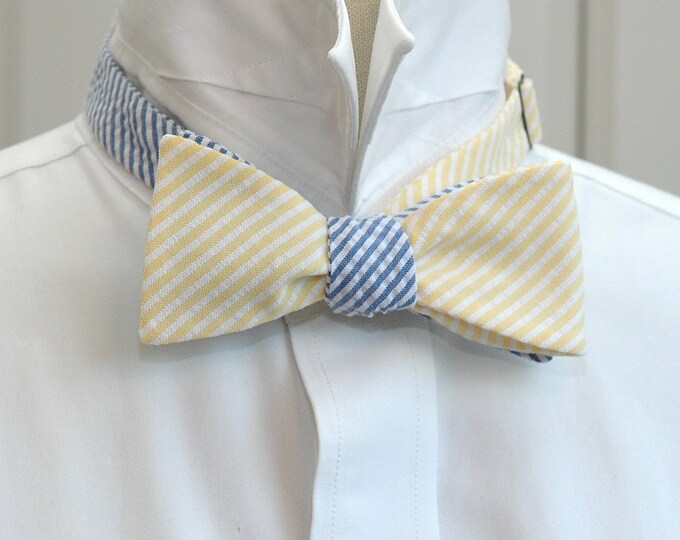 Reversible bow tie, yellow & blue seersucker, wedding party tie, groom bow tie, groomsmen gift, preppy mixer bow tie, self tie bow tie