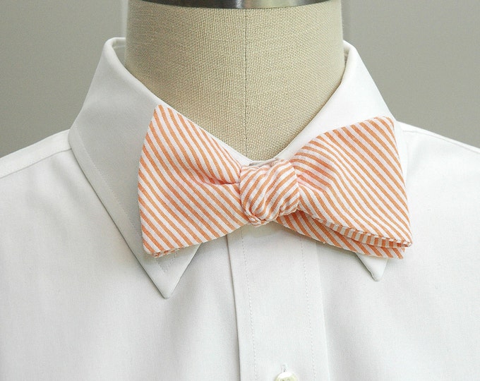 Bow Tie, orange seersucker, wedding party tie, groom bow tie, groomsmen gift, wedding accessory, orange bow tie, self tie bow tie