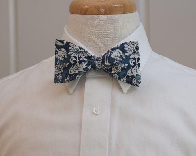 Bow Tie, Liberty of London, ink blue/ivory floral May Manor, groomsmen/groom bow tie, wedding bow tie, traditional, medium blue