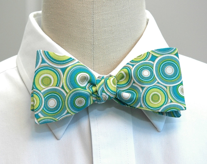 Bow tie, retro green, blue and aqua circles, groovy green bow tie, wedding bow tie, groomsmen gift, groom bow tie, 60s vibe bow tie,
