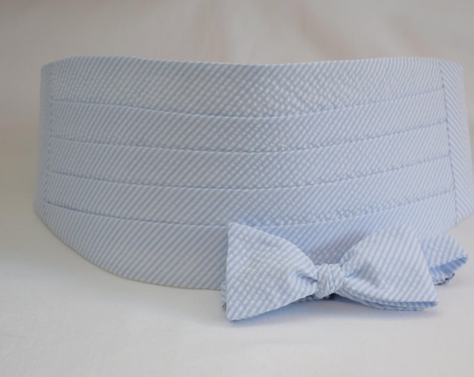 Cummerbund & Bow Tie set, pale blue seersucker, wedding party menswear, stylish tuxedo accessory, groom formal wear, southern style wedding