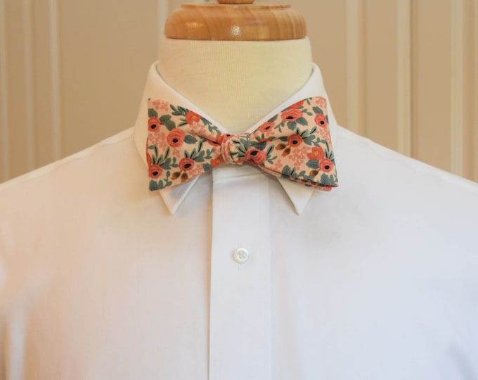 Bow Tie, Rifle Paper Co. Les Fleurs peach floral bow tie, wedding/groom/groomsmen bow tie, peach/green roses bow tie, tuxedo accessory