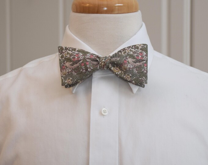 Liberty London Bow Tie: William Morris Strawberry Thief, sage/tan bird Print