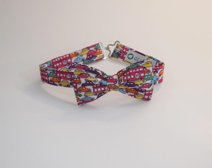 Boy's pre-tied Bow Tie, Liberty of London Hop On Hop Off cars & buses print, father/son bow tie, custom child bow tie, toddler faux bow tie