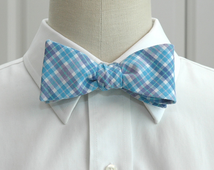 Bow Tie, sky blues plaid, blue & lilac check bow tie, wedding bow tie, groom bow tie, groomsmen gift, Fathers Day bow tie, summer tie