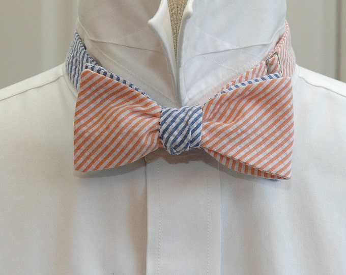 Reversible Bow Tie, orange & blue seersucker, wedding bow tie, groom bow tie, groomsmen gift, prom bow tie, preppy bow tie, self tie