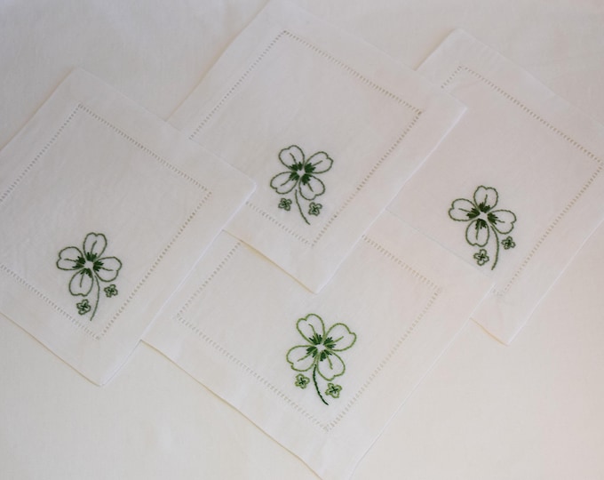 Hand Embroidered Linen Shamrock Coasters, Set of 4
