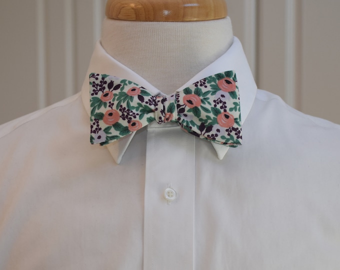 Bow Tie, Rifle Paper Co. Primavera Rosa, ivory, coral pink, lavender, green, roses, leaves floral bow tie wedding/groom/groomsmen bow tie