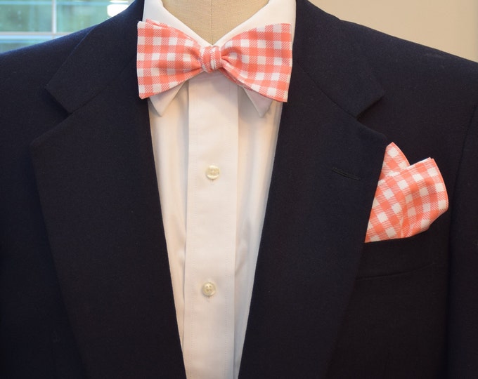 Pocket Square  and Bow Tie in coral and white large gingham check, wedding party wear, groomsmen gift, groom bow tie set, men's gift