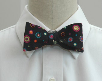 Bow Tie, black with multi color circles, tuxedo accessory, groom/groomsmen bow tie, evening bow tie, wedding bow tie, prom bow tie