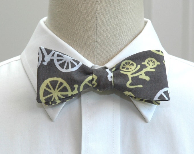 Bow Tie in grey with yellow bicycles, self tie, bicycle lover bow tie, Brooklyn bow tie, steampunk bow tie, groom bow tie, hipster tie