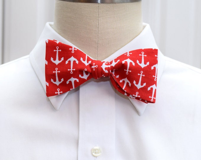 Bow Tie, red with white anchors, nautical bow tie, sailor bow tie, nautical theme wedding bow tie, ocean lover bowtie, gift for sailor