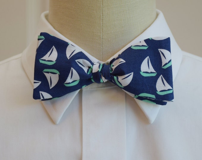 Bow Tie, navy with mint sailboats, nautical bow tie, sailor bow tie, nautical theme wedding bow tie, ocean lover bow tie, groom bowtie