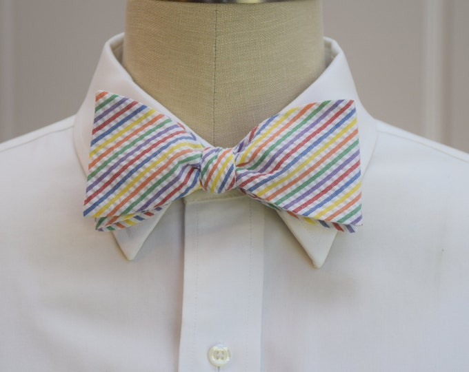 Bow Tie, multi color seersucker stripes, wedding party tie, groom bow tie, groomsmen gift, wedding accessory, self tie bow tie,