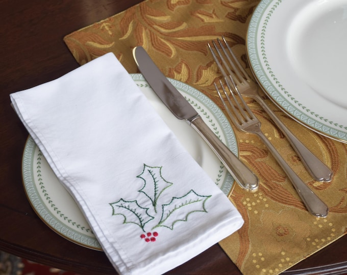 Hand Embroidered Holly Leaf Dinner Napkins, Set of 4