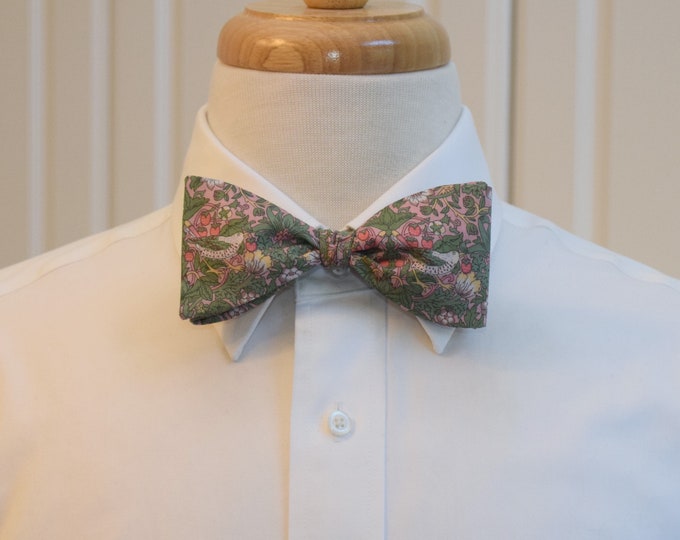 Bow Tie, Liberty of London, pinks/green Strawberry Thief William Morris classic print bow tie, groom/groomsmen bow tie, wedding tie