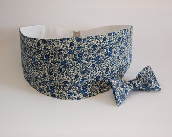 Cummerbund & Bow Tie set, Liberty of London blues/grays floral Emma and Georgina print, wedding bow tie set, tux accessory, prom wear