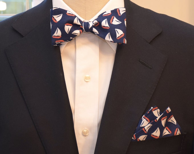 Pocket Square  & Bow Tie set in navy, coral, white sail boats, wedding party wear, groomsmen gift, groom bow tie set, men's gift set