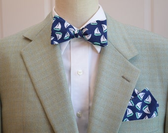 Pocket Square  and Bow Tie navy with mint and white sail boats, wedding party wear, groomsmen gift, groom bow tie set, sailor's gift