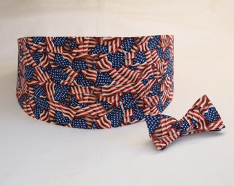 Cummerbund & Bow Tie, American flag cummerbund and tie set, patriotic cummerbund, US stars and stripes cummerbund,  US flag cummerbund set,