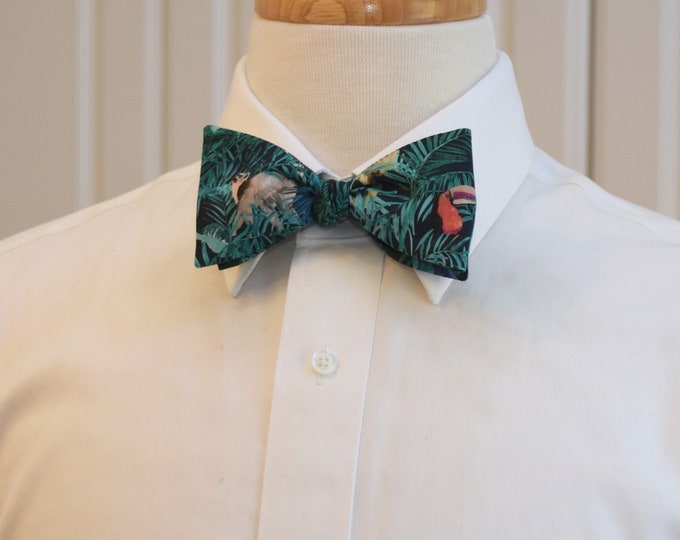 Bow Tie, Liberty of London, teal/green Tou-Can Hide print, toucan, lemur, rainforest ,groomsmen/groom bow tie, tropical leaves, jungle