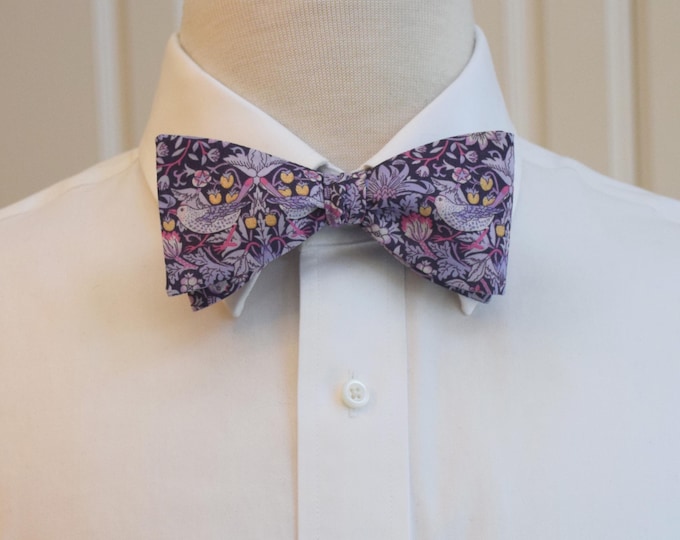 Liberty London Bow Tie: William Morris Strawberry Thief, amethyst, purples, hot pink with gold accents