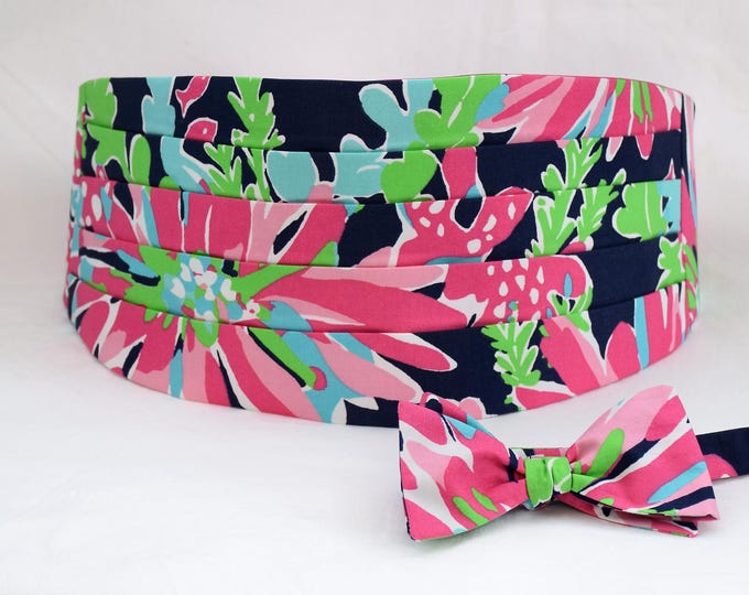 Cummerbund and bow tie set, navy, pink, green abstract, wedding
