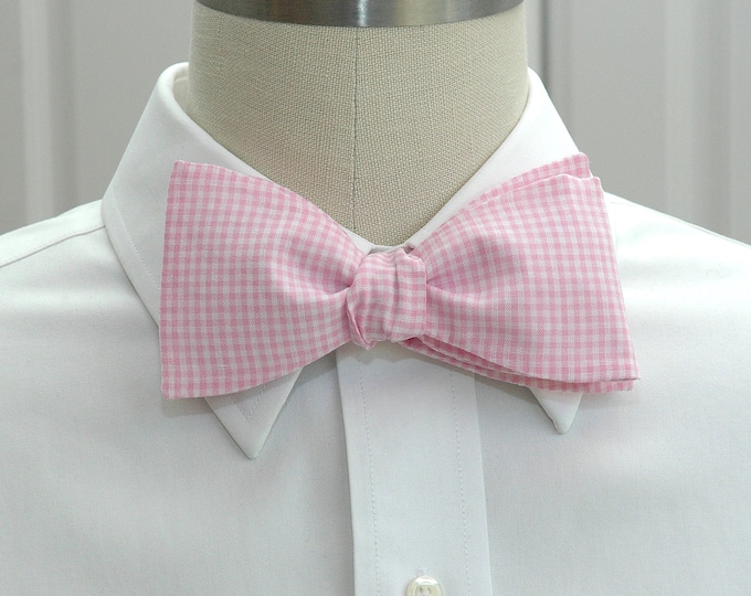 Men's Bow Tie, pink mini gingham, wedding bow tie, groom bow tie, groomsmen gift, wedding party, self tie bow tie, pink and white bow tie