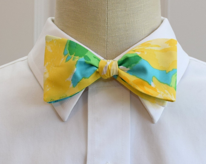 Bow Tie, yellow/turquoise abstract roses/floral print bow tie, groomsmen/groom bow tie, wedding bow tie, prom bow tie, tux accessory