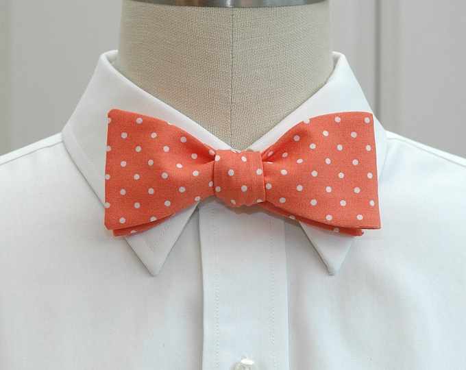 Bow Tie in coral with white mini polka dots, wedding party attire, groomsmen gift, groom bow tie, ring bearer bow tie,melon bow tie