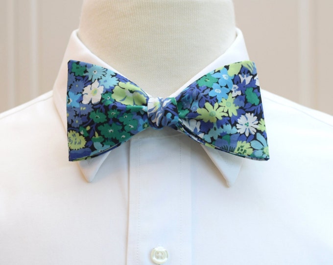 Bow Tie, Liberty of London blues/greens floral Thorpe print, groom/groomsmen/wedding bow tie, classic English bow tie, tux accessory