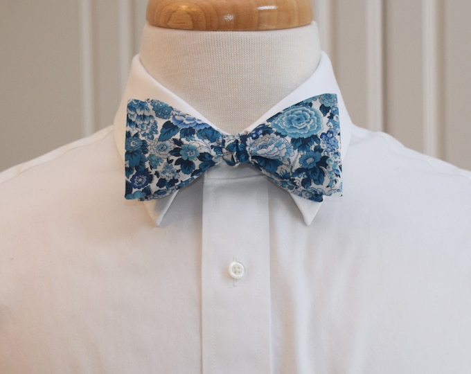 Bow Tie, Liberty of London, blues/white floral Elysian Day, groomsmen/groom bow tie, wedding bow tie, traditional, medium blue