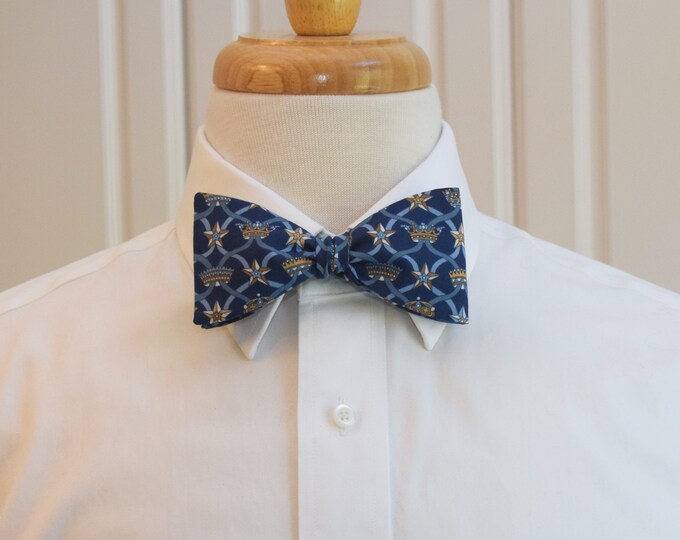 Bow Tie, Liberty of London, blue Windsor Ribbon bow tie, crowns/ribbons, groomsmen/groom bow tie, wedding bow tie, classic tuxedo accessory