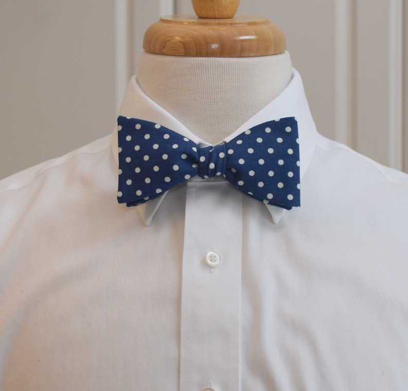 Bow Tie, classic navy blue and white polka dots, Winston Churchill bow tie, wedding bow tie, groom bow tie, traditional navy bow tie image 1