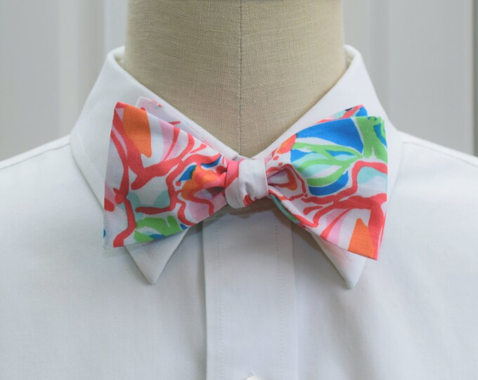 Bow Tie, blue/coral/pink green abstract floral print, wedding bow tie, groom bow tie, prom bow tie, groomsmen gift, tuxedo accessory