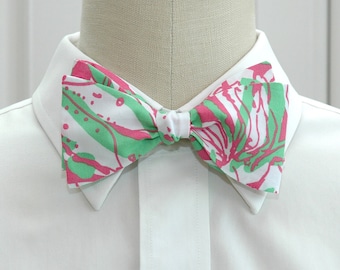 Bow Tie, pink/green print, wedding bow tie, groom bow tie, groomsmen gift, prom/formals bow tie, Easter, Kentucky Derby, spring