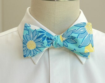 Bow Tie, aqua/turquoise/yellow, daisy, wedding, groom/groomsmen bow tie, floral, prom/formals bow tie, Kentucky Derby, flowers, blue