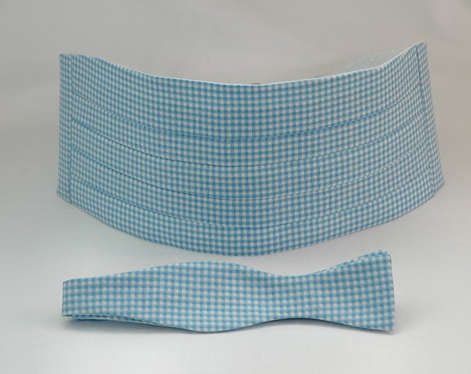 Cummerbund & Bow Tie, Carolina blue gingham, groom formal wear, wedding party wear, tuxedo accessory, custom classic cummerbund, prom style