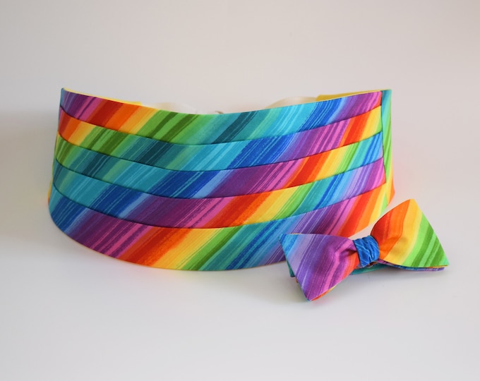 LGBTQ Cummerbund & Bow Tie, Rainbow, Gay Pride cummerbund set, rainbow tuxedo accessory, wedding, multi color, rainbow, tux accessory