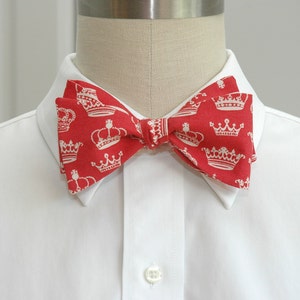 Bow Tie, red with ivory crowns, self tie, red royalist bow tie, English fan gift, wedding party bow tie, groom bow tie, monarchist tie image 1