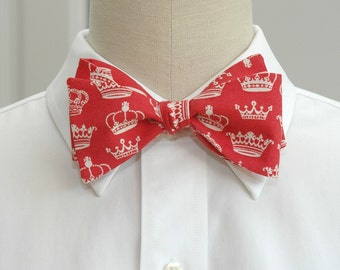 Red Cotton Bow Tie: Ivory Crown Print, Self Tie