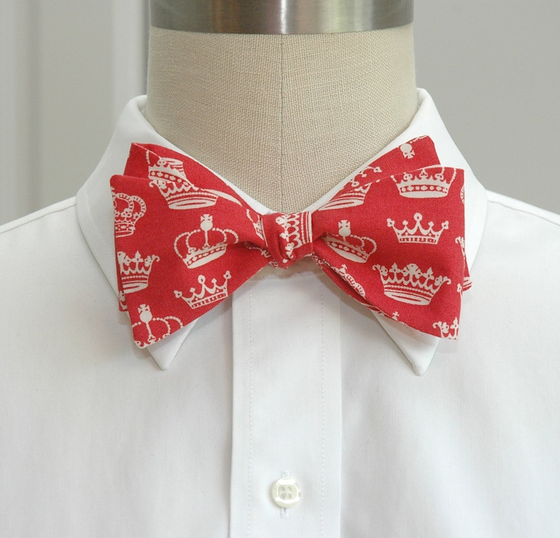 Bow Tie, red with ivory crowns, self tie, red royalist bow tie, English fan gift, wedding party bow tie, groom bow tie, monarchist tie image 1